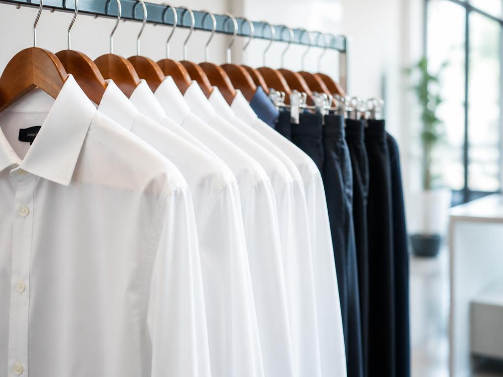 Clean pressed shirts and trousers hanging on wooden hangers